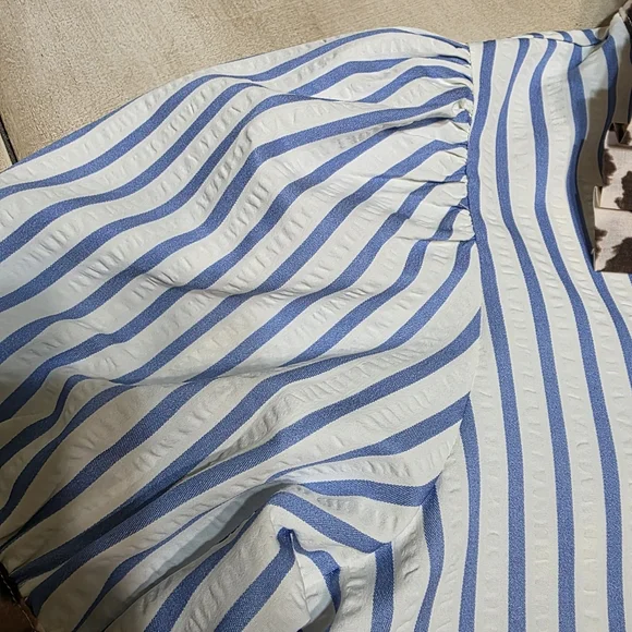 Entro Blue Striped Leopard Trim Puff Sleeve Seersucker Top - Picture 11 of 14